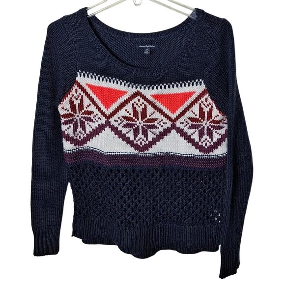 American Eagle Women Small Navy Blue Fair Isle Knit Wool Blend Sweater - Picture 1 of 6